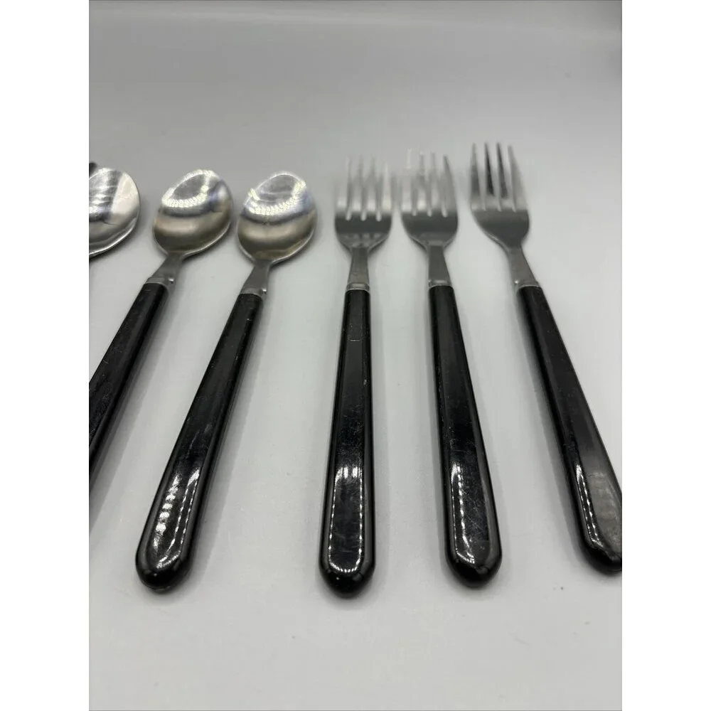 10 Pc‎ Vintage Stainless Taiwan Black Plastic Handle Flatware Silverware